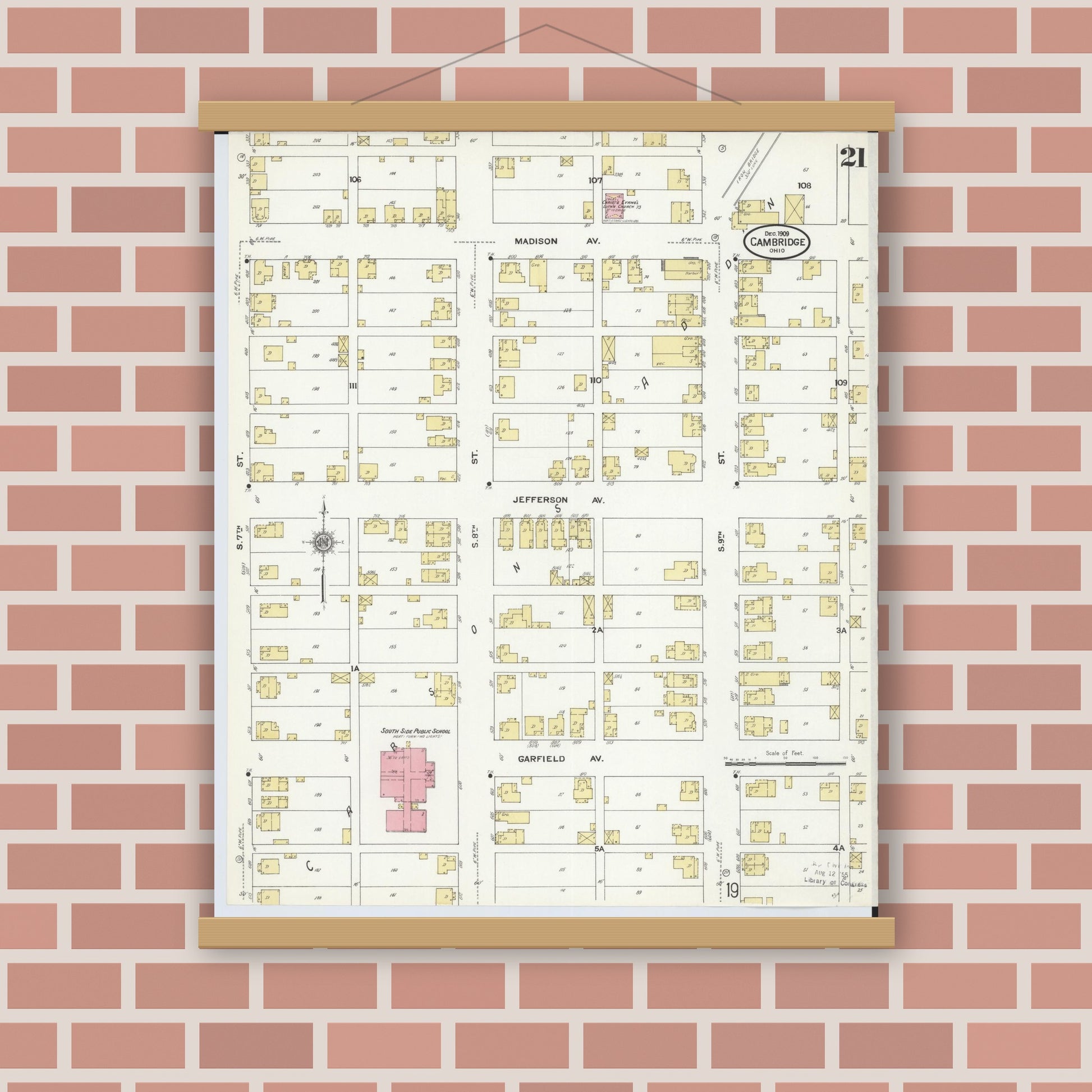 Old map wall art mockup — magnetic wood frame on brick wall — Sanborn Fire Insurance Map from Cambridge, Guernsey County, Ohio (1909), Sheet #0021