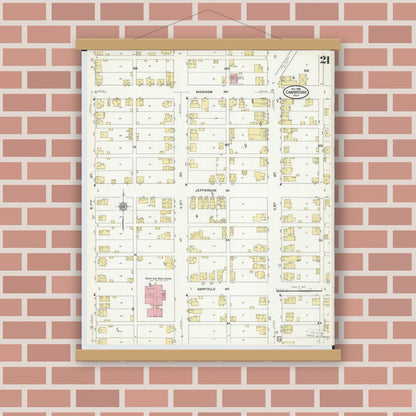 Old map wall art mockup — magnetic wood frame on brick wall — Sanborn Fire Insurance Map from Cambridge, Guernsey County, Ohio (1909), Sheet #0021