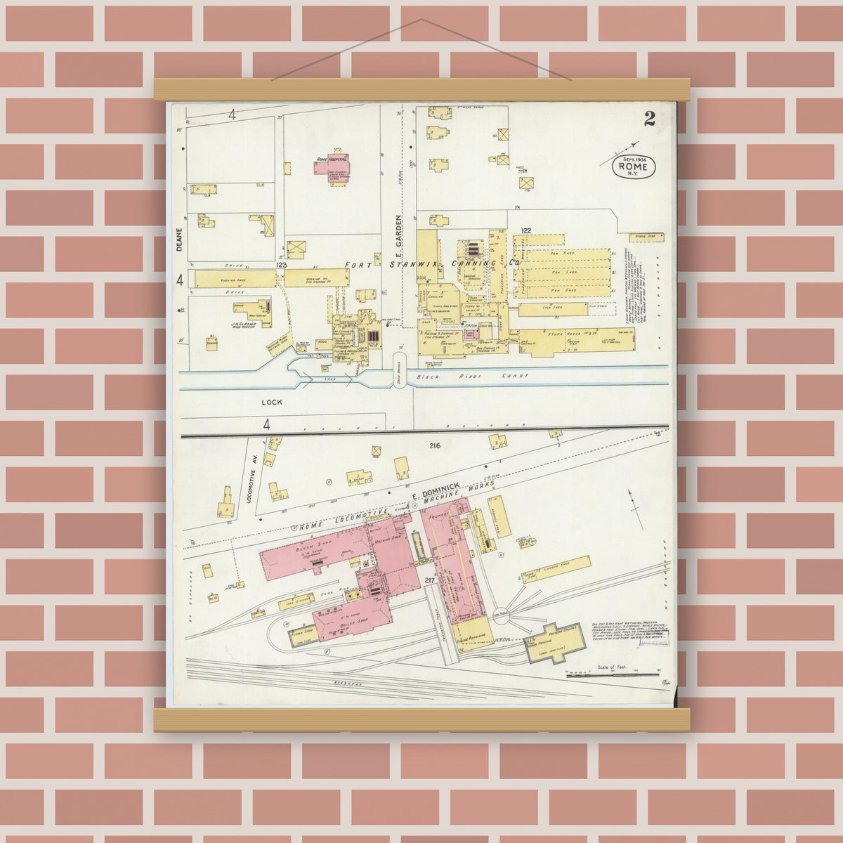 Old map wall art mockup — magnetic wood frame on brick wall — Sanborn Fire Insurance Map from Rome, Oneida County, New York (1904), Sheet #0002