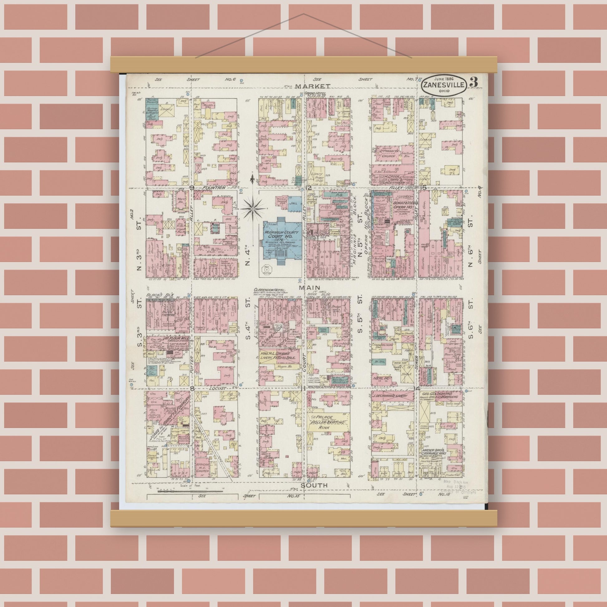 Old map wall art mockup — magnetic wood frame on brick wall — Sanborn Fire Insurance Map from Zanesville, Muskingum County, Ohio (1886), Sheet #0003