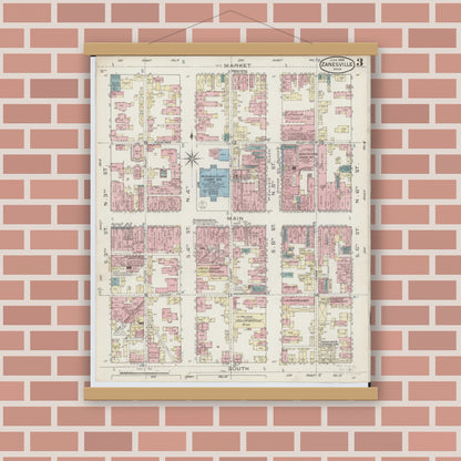 Old map wall art mockup — magnetic wood frame on brick wall — Sanborn Fire Insurance Map from Zanesville, Muskingum County, Ohio (1886), Sheet #0003