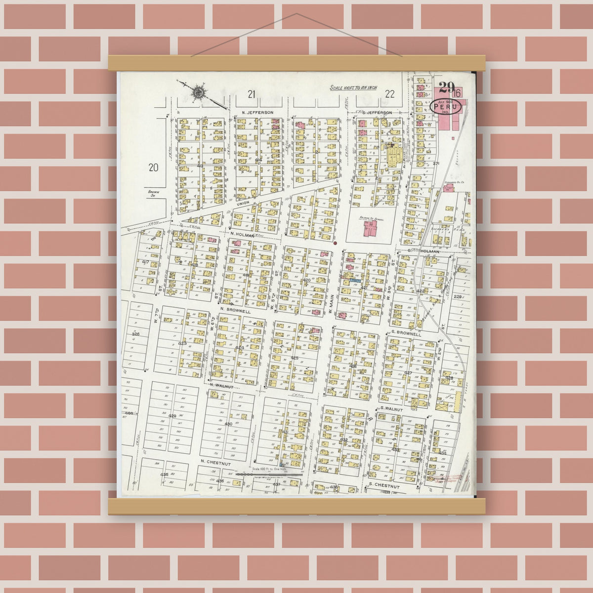 Old map wall art mockup — magnetic wood frame on brick wall — Sanborn Fire Insurance Map from Peru, Miami County, Indiana (1920), Sheet #0029