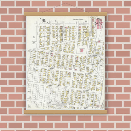 Old map wall art mockup — magnetic wood frame on brick wall — Sanborn Fire Insurance Map from Peru, Miami County, Indiana (1920), Sheet #0029