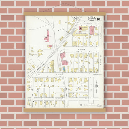 Old map wall art mockup — magnetic wood frame on brick wall — Sanborn Fire Insurance Map from Frankfort, Clinton County, Indiana (1912), Sheet #0010