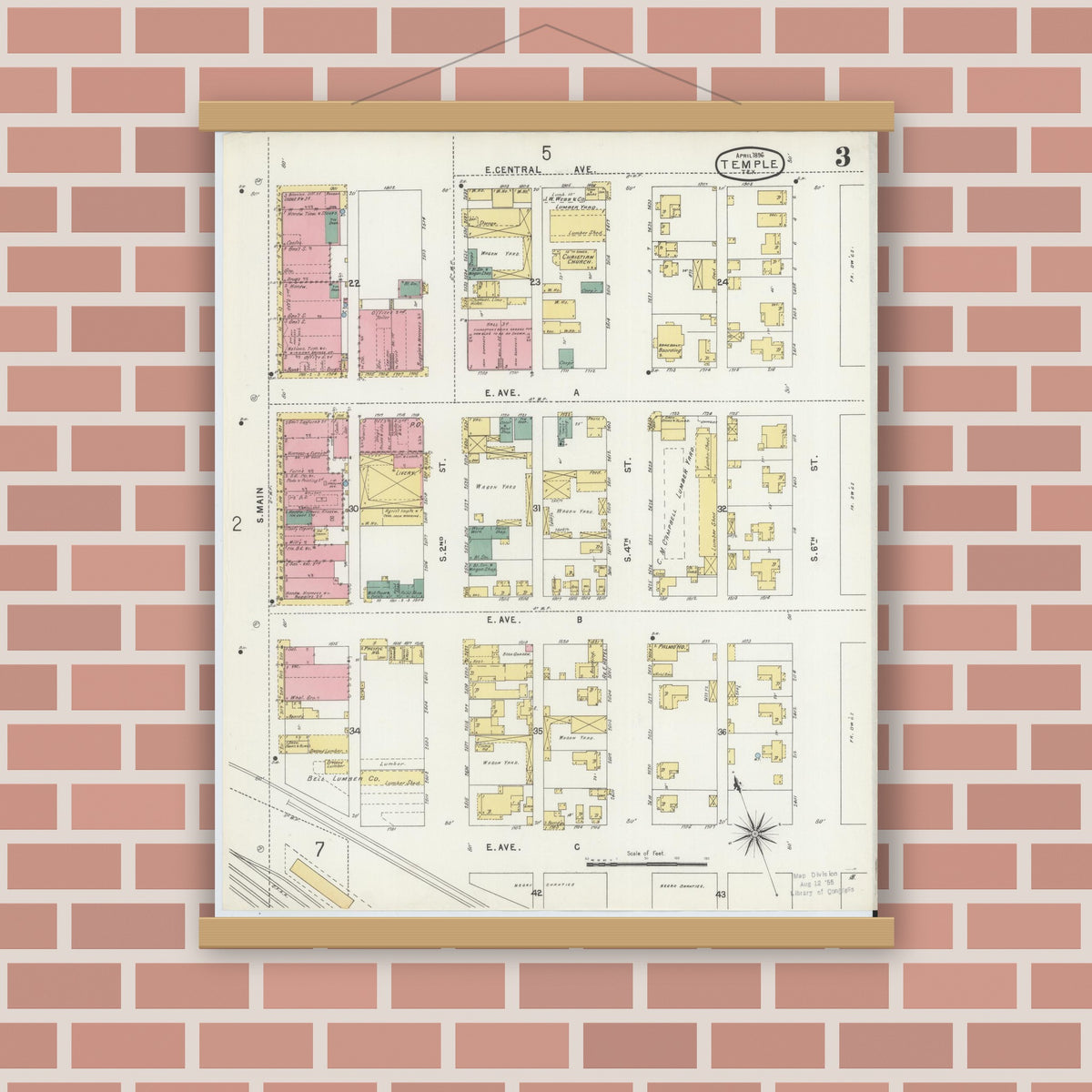 Old map wall art mockup — magnetic wood frame on brick wall — Sanborn Fire Insurance Map from Temple, Bell County, Texas (1896), Sheet #0003