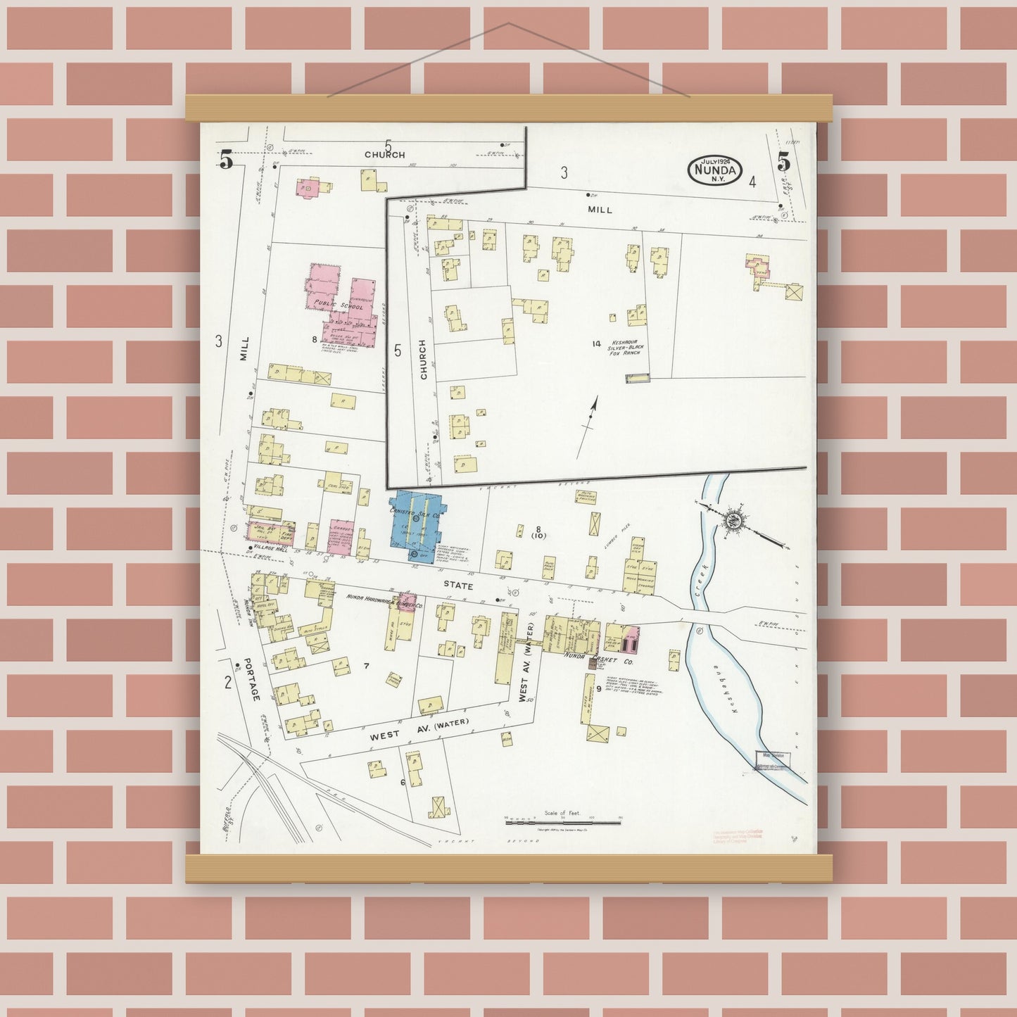 Old map wall art mockup — magnetic wood frame on brick wall — Sanborn Fire Insurance Map from Nunda, Livingston County, New York (1924), Sheet #0005