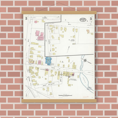 Old map wall art mockup — magnetic wood frame on brick wall — Sanborn Fire Insurance Map from Nunda, Livingston County, New York (1924), Sheet #0005