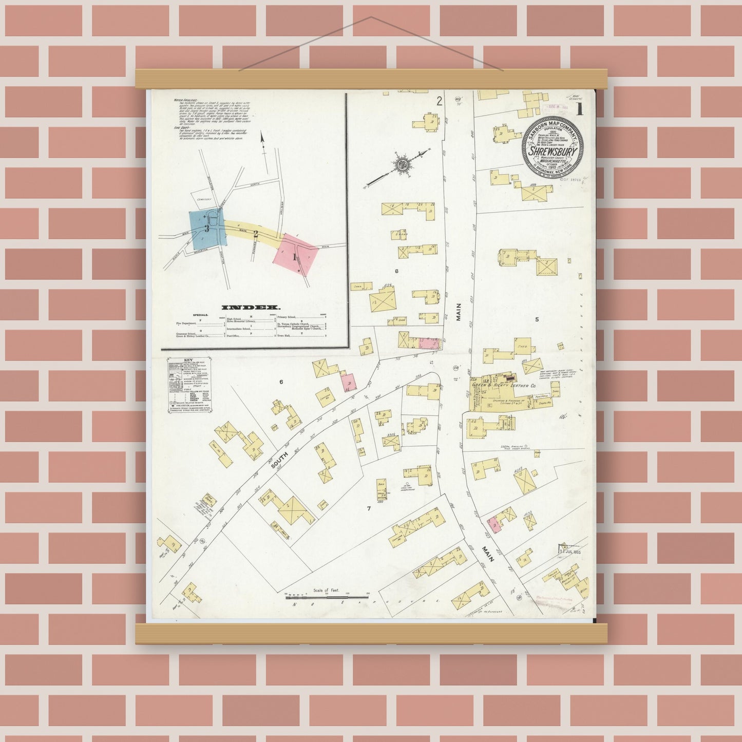 Old map wall art mockup — magnetic wood frame on brick wall — Sanborn Fire Insurance Map from Shrewsbury, Worcester County, Massachusetts (1910) - Complete Map Set