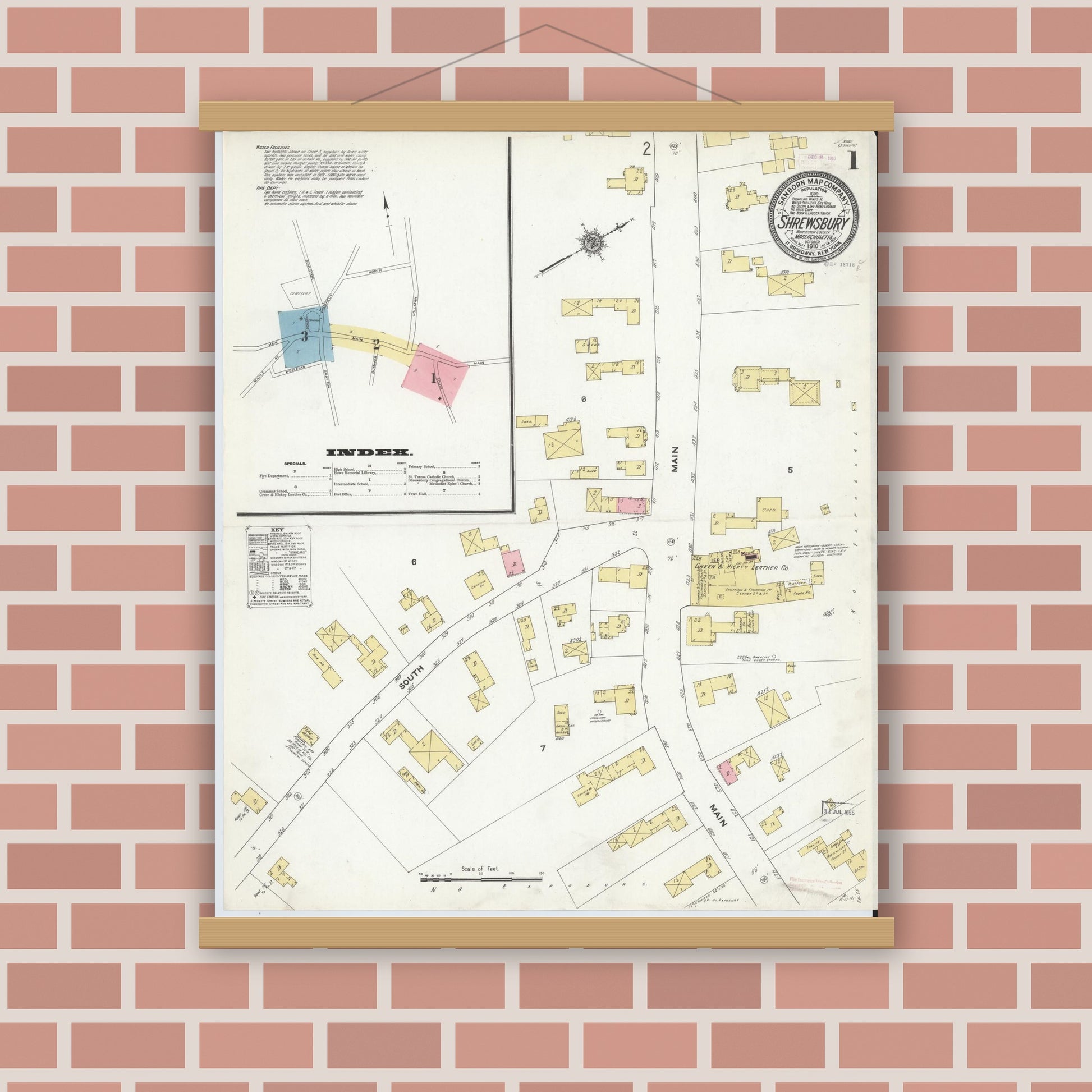 Old map wall art mockup — magnetic wood frame on brick wall — Sanborn Fire Insurance Map from Shrewsbury, Worcester County, Massachusetts (1910) - Complete Map Set