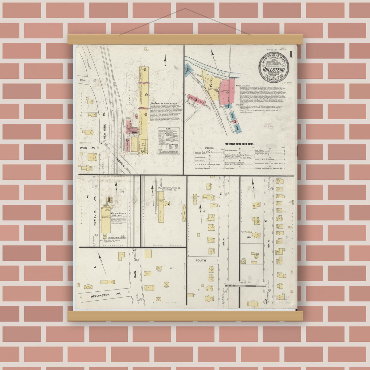 Old map wall art mockup — magnetic wood frame on brick wall — Sanborn Fire Insurance Map from Hallstead, Susquehanna County, Pennsylvania (1911), Sheet #0001