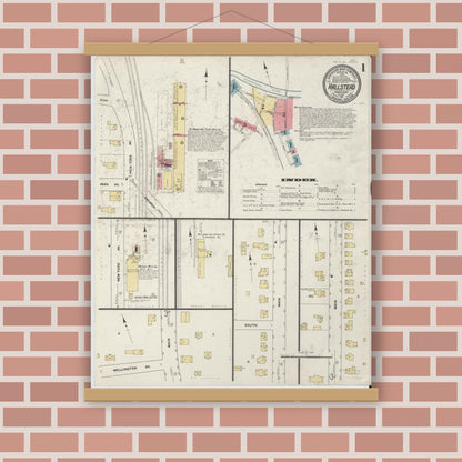Old map wall art mockup — magnetic wood frame on brick wall — Sanborn Fire Insurance Map from Hallstead, Susquehanna County, Pennsylvania (1911), Sheet #0001