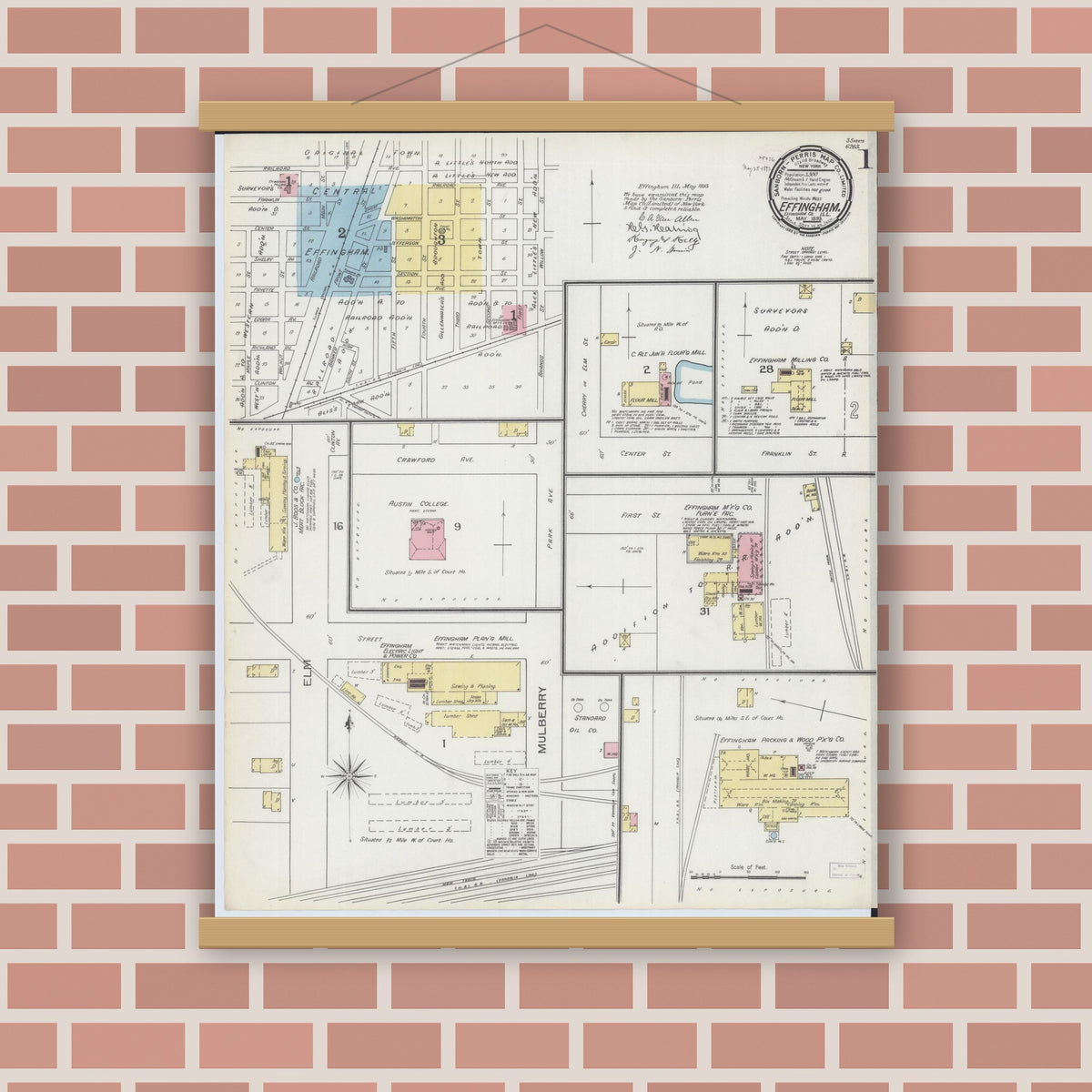 Old map wall art mockup — magnetic wood frame on brick wall — Sanborn Fire Insurance Map from Effingham, Effingham County, Illinois (1893) - Complete Map Set