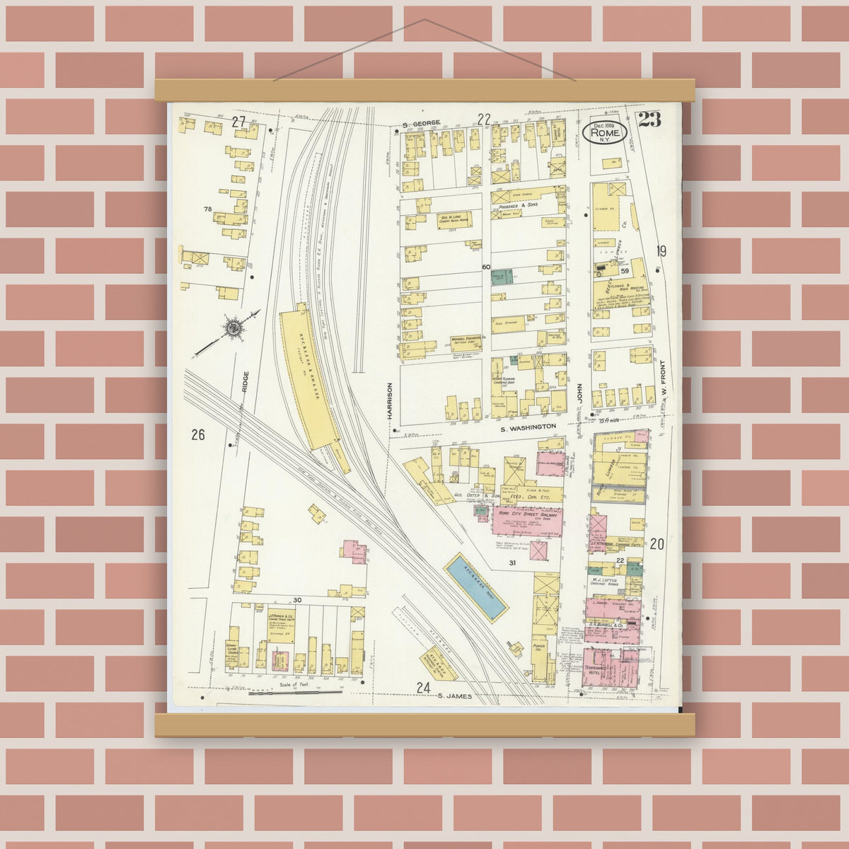 Old map wall art mockup — magnetic wood frame on brick wall — Sanborn Fire Insurance Map from Rome, Oneida County, New York (1909), Sheet #0023