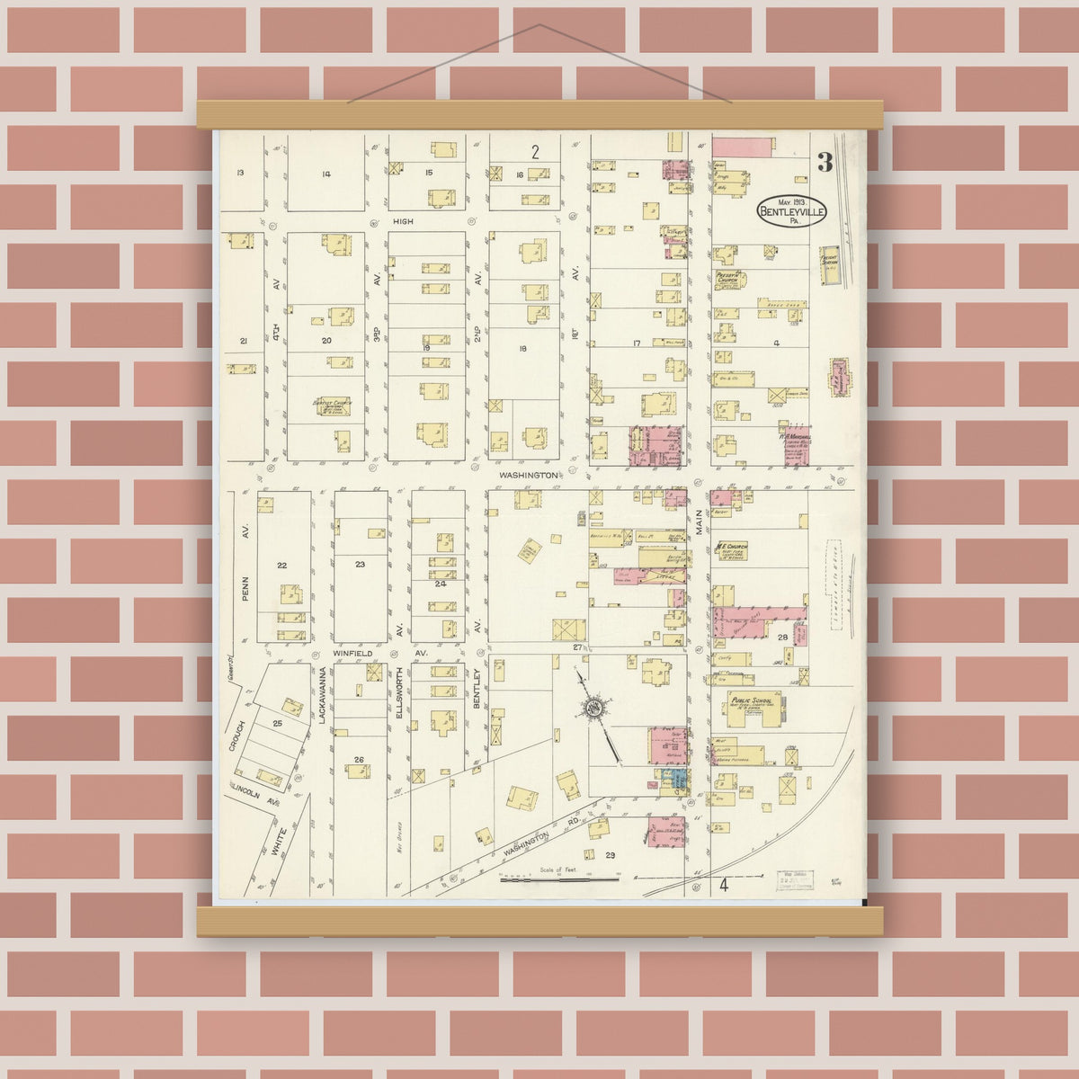 Old map wall art mockup — magnetic wood frame on brick wall — Sanborn Fire Insurance Map from Bentleyville, Washington County, Pennsylvania (1913), Sheet #0003