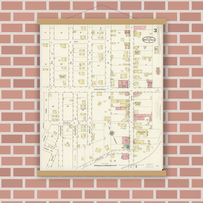 Old map wall art mockup — magnetic wood frame on brick wall — Sanborn Fire Insurance Map from Bentleyville, Washington County, Pennsylvania (1913), Sheet #0003