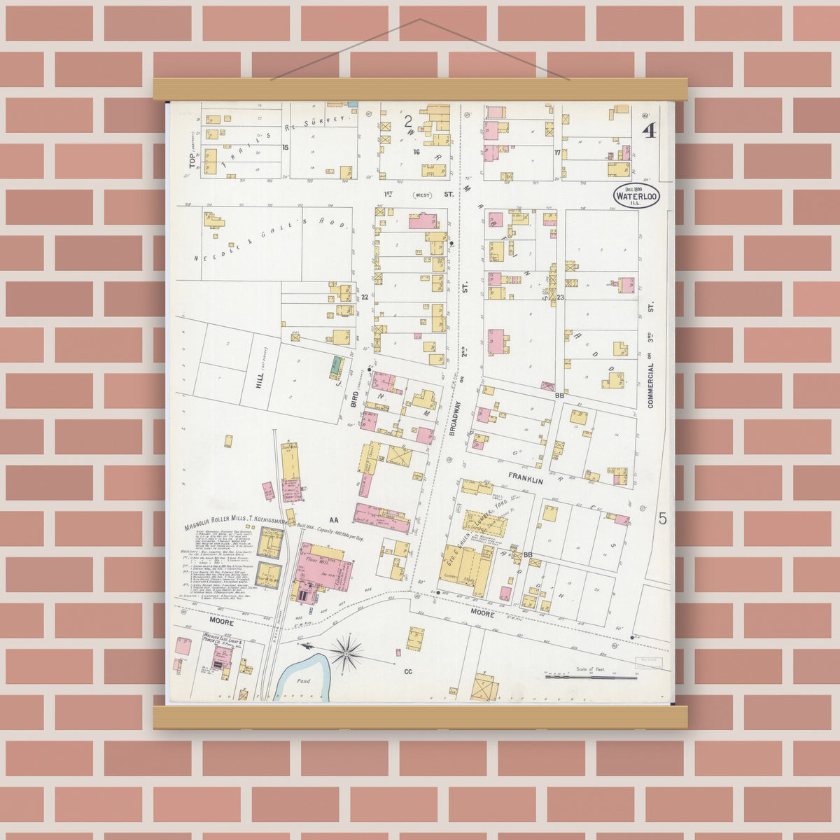 Old map wall art mockup — magnetic wood frame on brick wall — Sanborn Fire Insurance Map from Waterloo, Monroe County, Illinois (1899), Sheet #0004