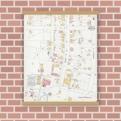 Old map wall art mockup — magnetic wood frame on brick wall — Sanborn Fire Insurance Map from Waterloo, Monroe County, Illinois (1899), Sheet #0004