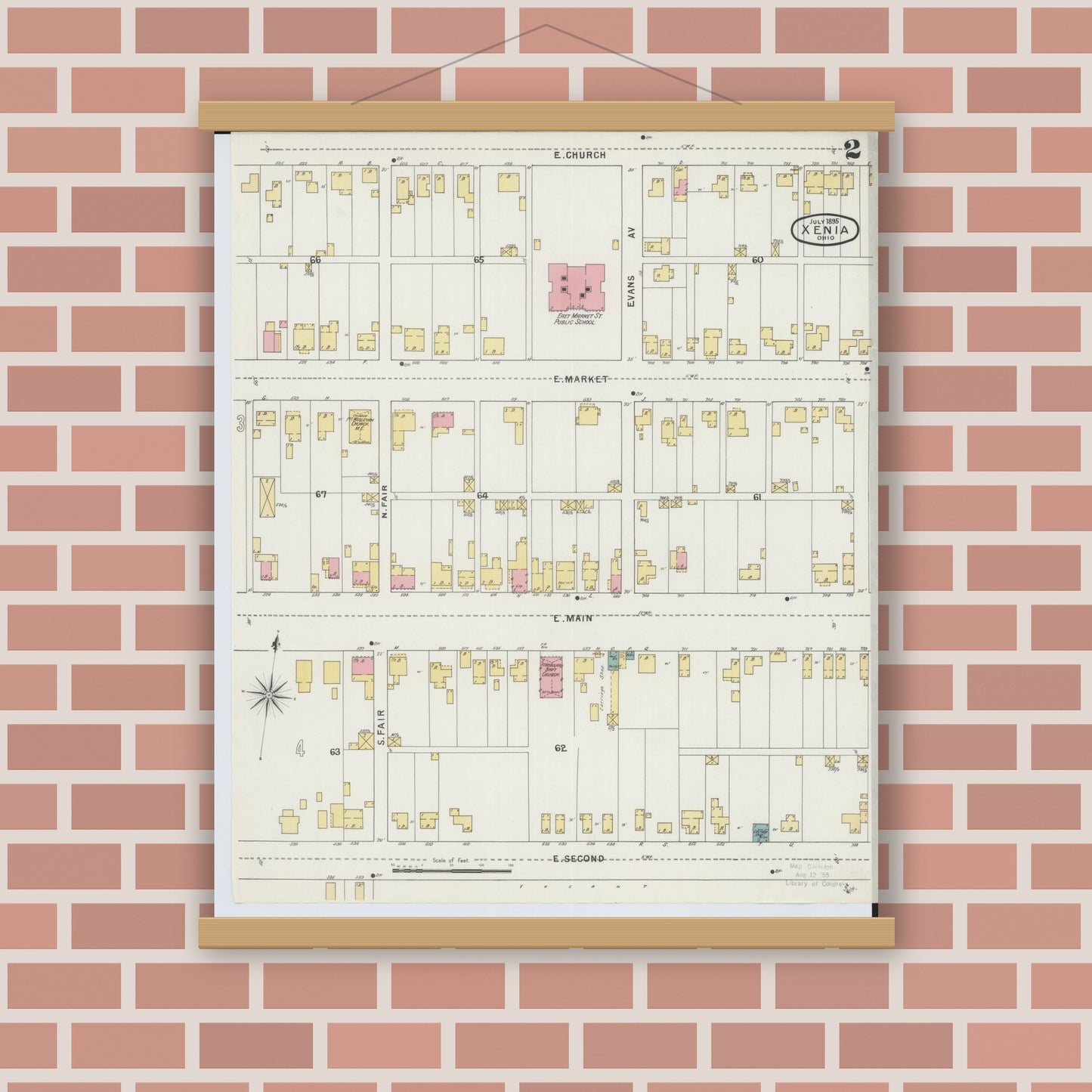 Old map wall art mockup — magnetic wood frame on brick wall — Sanborn Fire Insurance Map from Xenia, Greene County, Ohio (1895), Sheet #0002