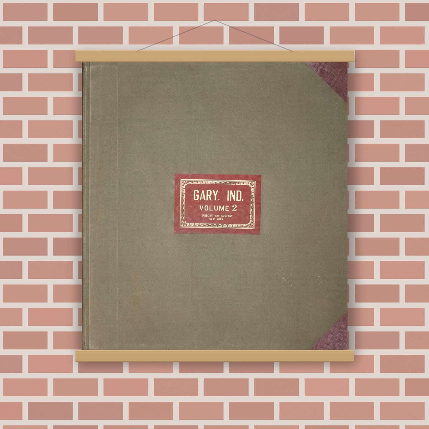 Old map wall art mockup — magnetic wood frame on brick wall — Sanborn Fire Insurance Map from Gary, Lake County, Indiana (1949), Sheet #0001