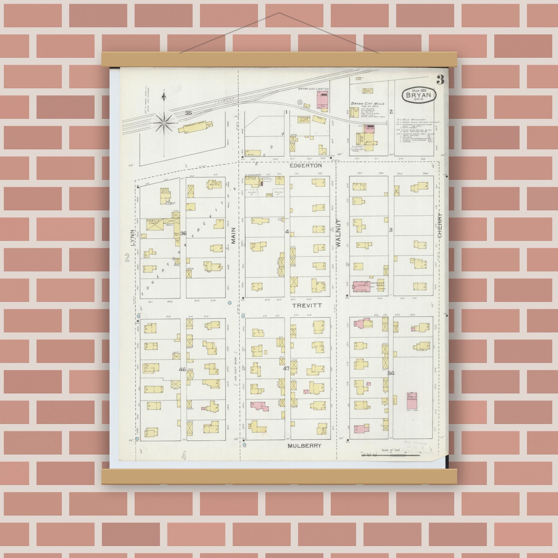 Old map wall art mockup — magnetic wood frame on brick wall — Sanborn Fire Insurance Map from Bryan, Williams County, Ohio (1893), Sheet #0003