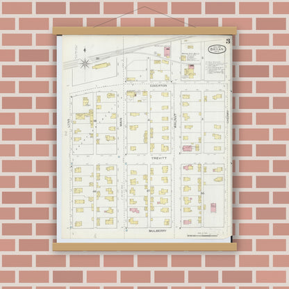 Old map wall art mockup — magnetic wood frame on brick wall — Sanborn Fire Insurance Map from Bryan, Williams County, Ohio (1893), Sheet #0003