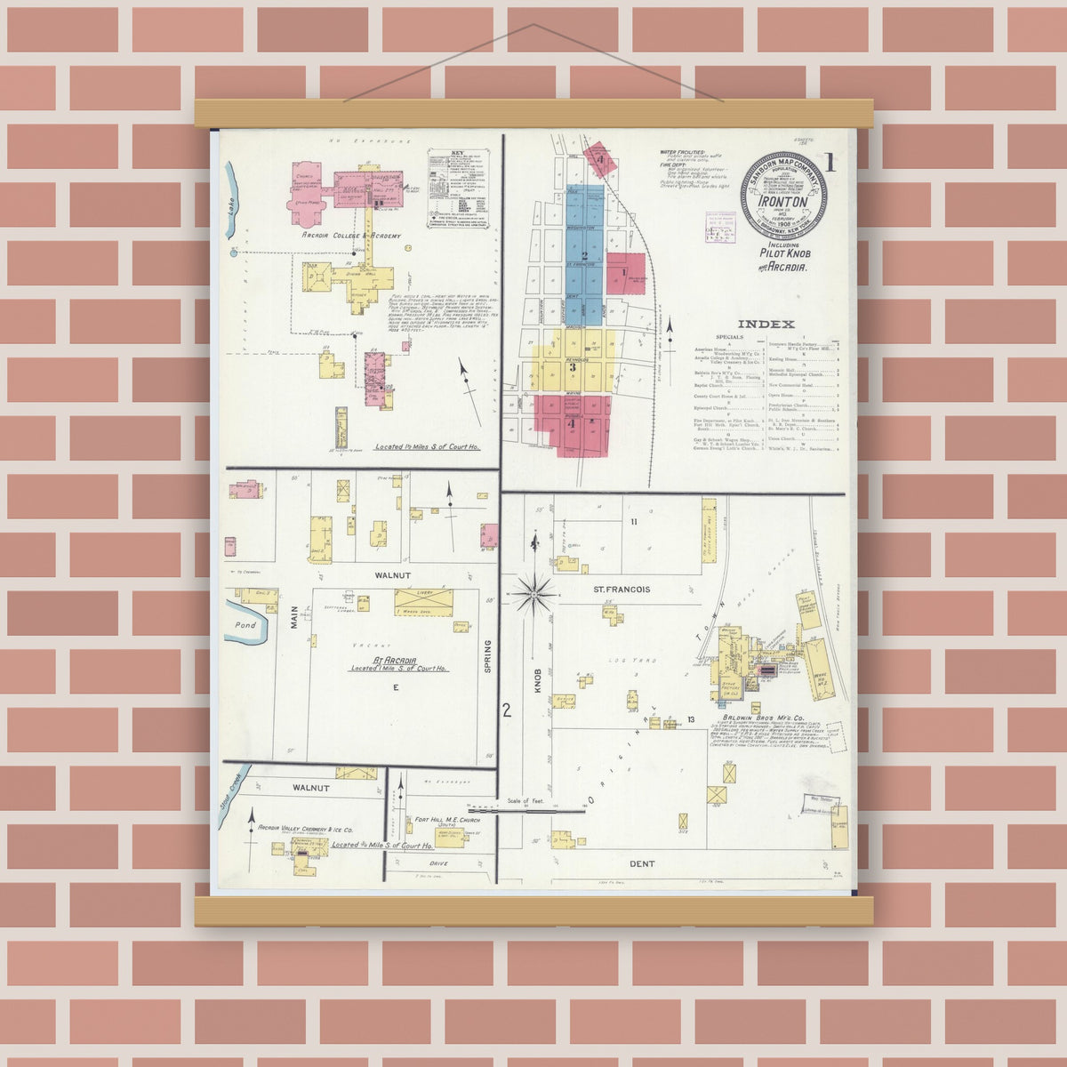 Old map wall art mockup — magnetic wood frame on brick wall — Sanborn Fire Insurance Map from Ironton, Iron County, Missouri (1908) - Complete Map Set