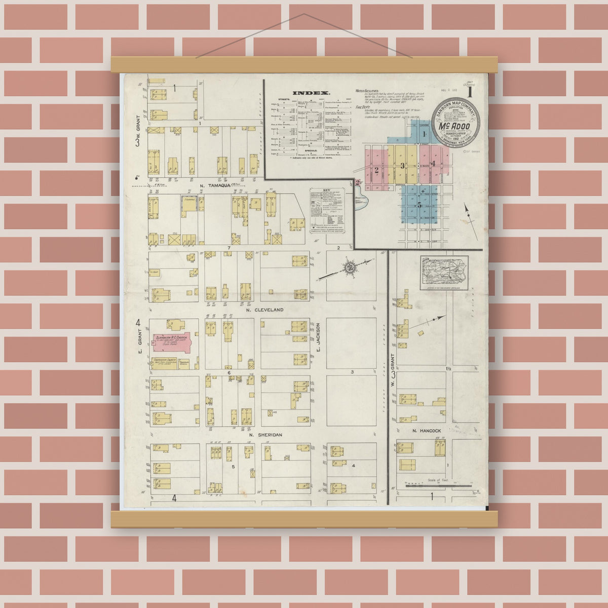 Old map wall art mockup — magnetic wood frame on brick wall — Sanborn Fire Insurance Map from McAdoo, Schuylkill County, Pennsylvania (1912) - Complete Map Set