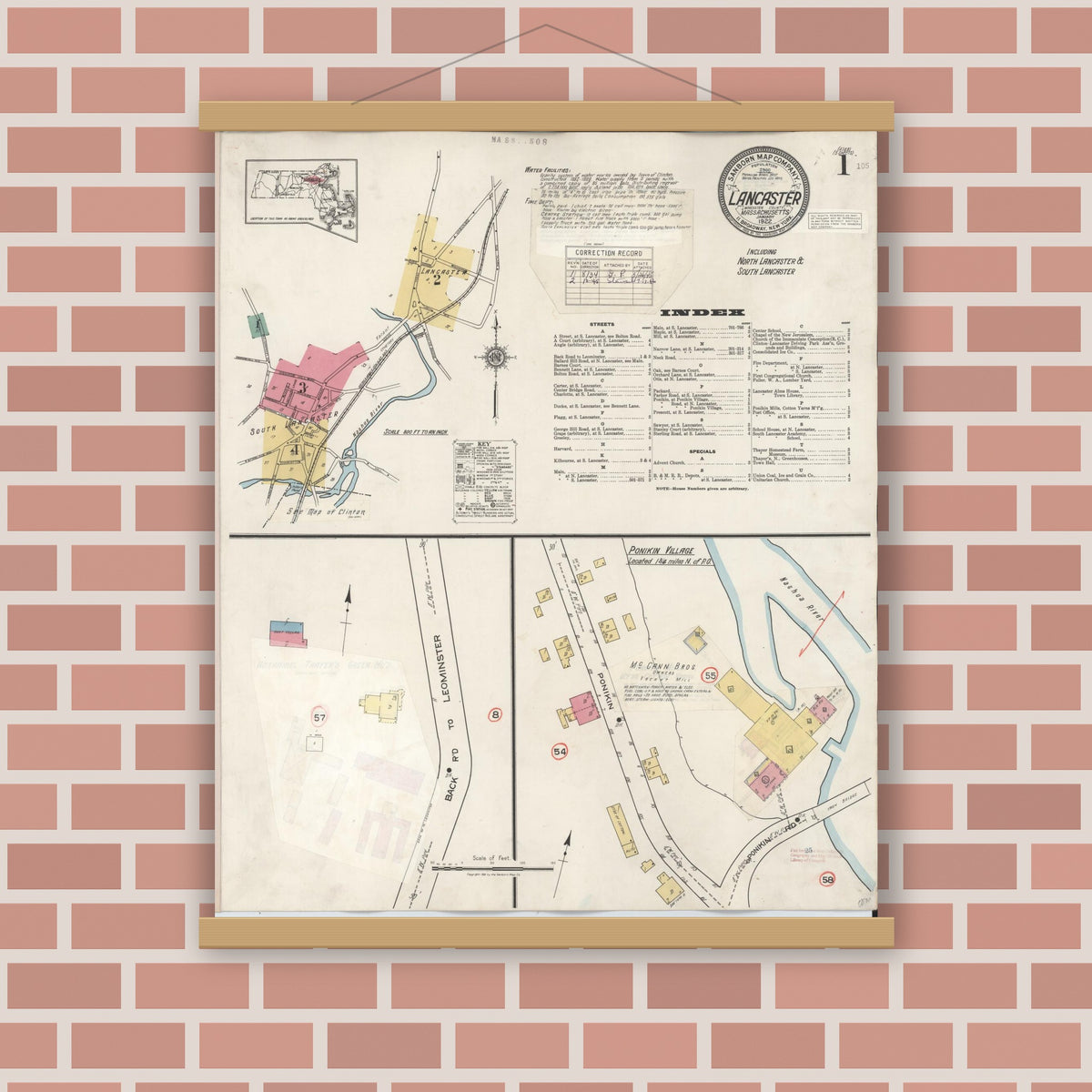 Old map wall art mockup — magnetic wood frame on brick wall — Sanborn Fire Insurance Map from Lancaster, Worcester County, Massachusetts (1945) - Complete Map Set