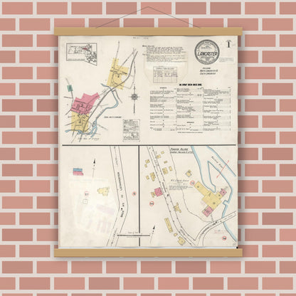 Old map wall art mockup — magnetic wood frame on brick wall — Sanborn Fire Insurance Map from Lancaster, Worcester County, Massachusetts (1945) - Complete Map Set