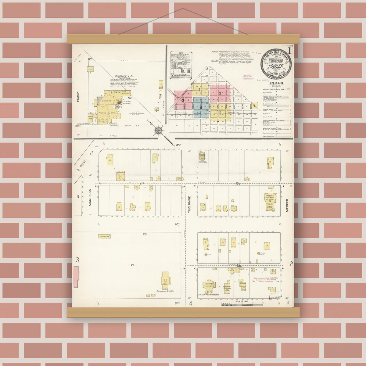 Old map wall art mockup — magnetic wood frame on brick wall — Sanborn Fire Insurance Map from Fowler, Fresno County, California (1911) - Complete Map Set