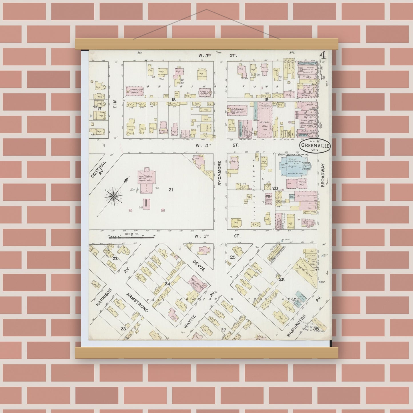 Old map wall art mockup — magnetic wood frame on brick wall — Sanborn Fire Insurance Map from Greenville, Darke County, Ohio (1887), Sheet #0004