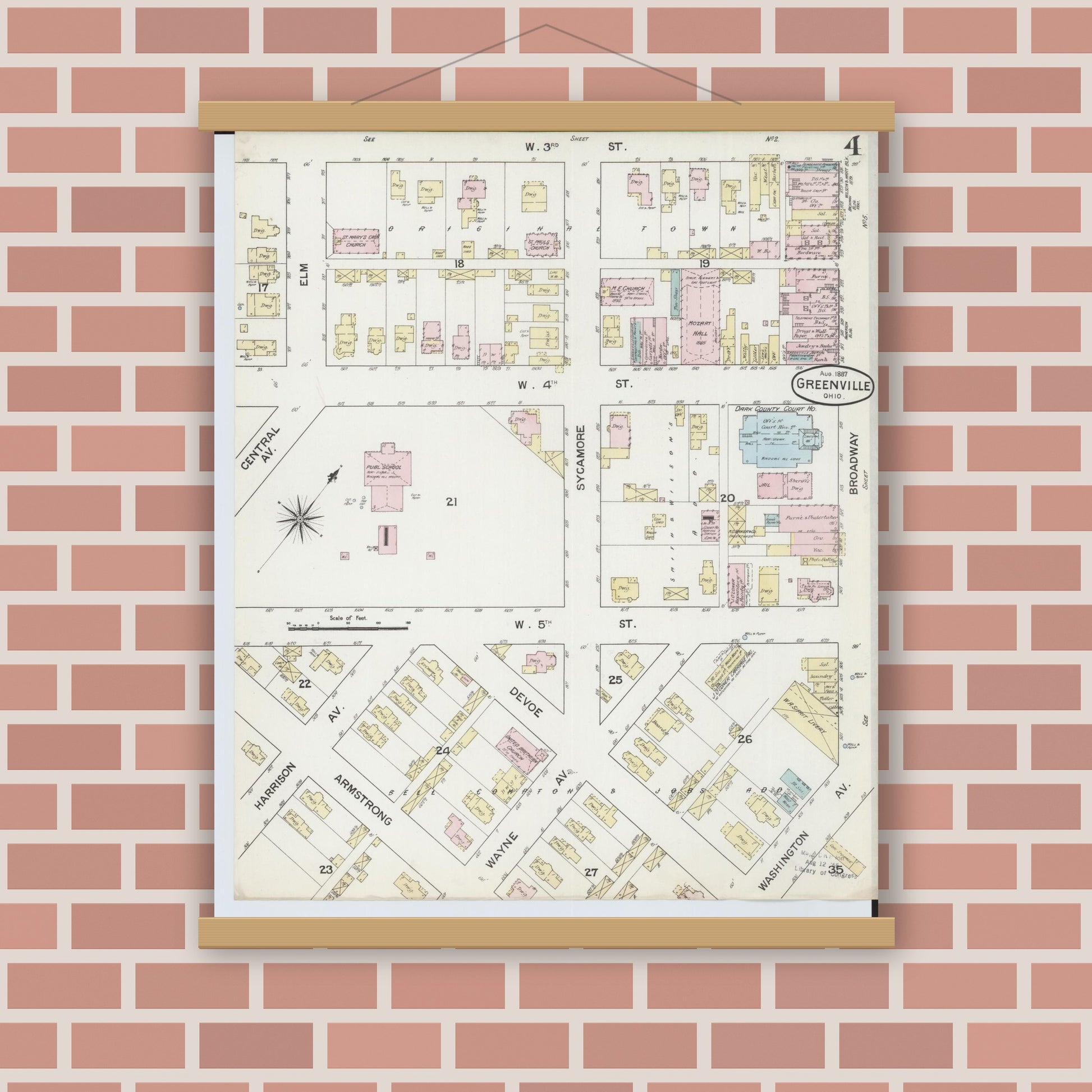 Old map wall art mockup — magnetic wood frame on brick wall — Sanborn Fire Insurance Map from Greenville, Darke County, Ohio (1887), Sheet #0004