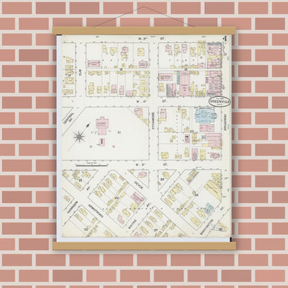 Old map wall art mockup — magnetic wood frame on brick wall — Sanborn Fire Insurance Map from Greenville, Darke County, Ohio (1887), Sheet #0004