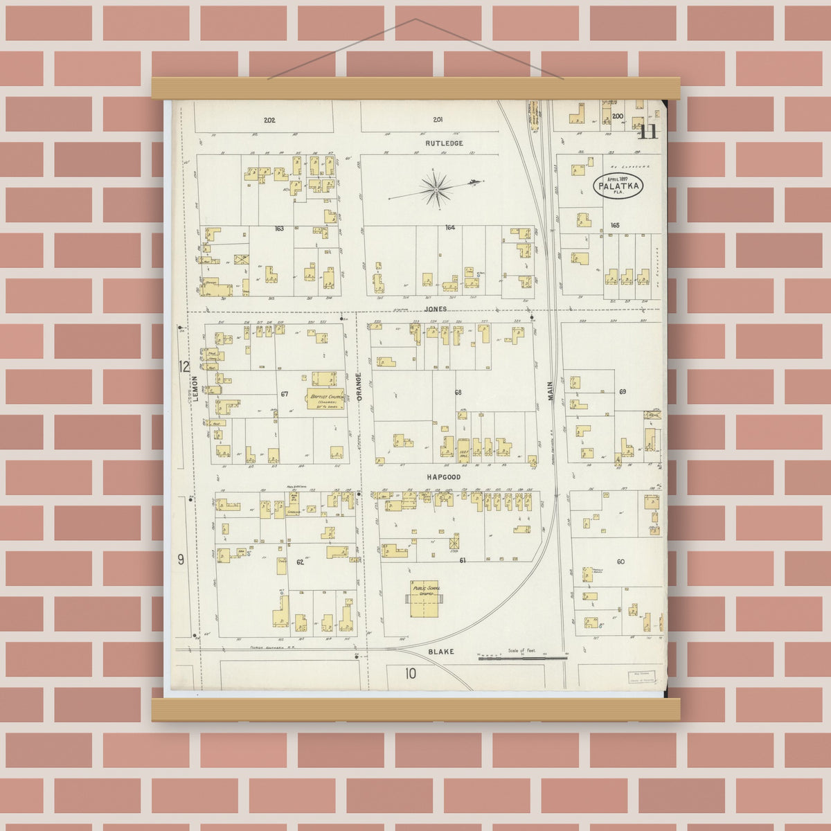 Old map wall art mockup — magnetic wood frame on brick wall — Sanborn Fire Insurance Map from Palatka, Putnam County, Florida (1897), Sheet #0011