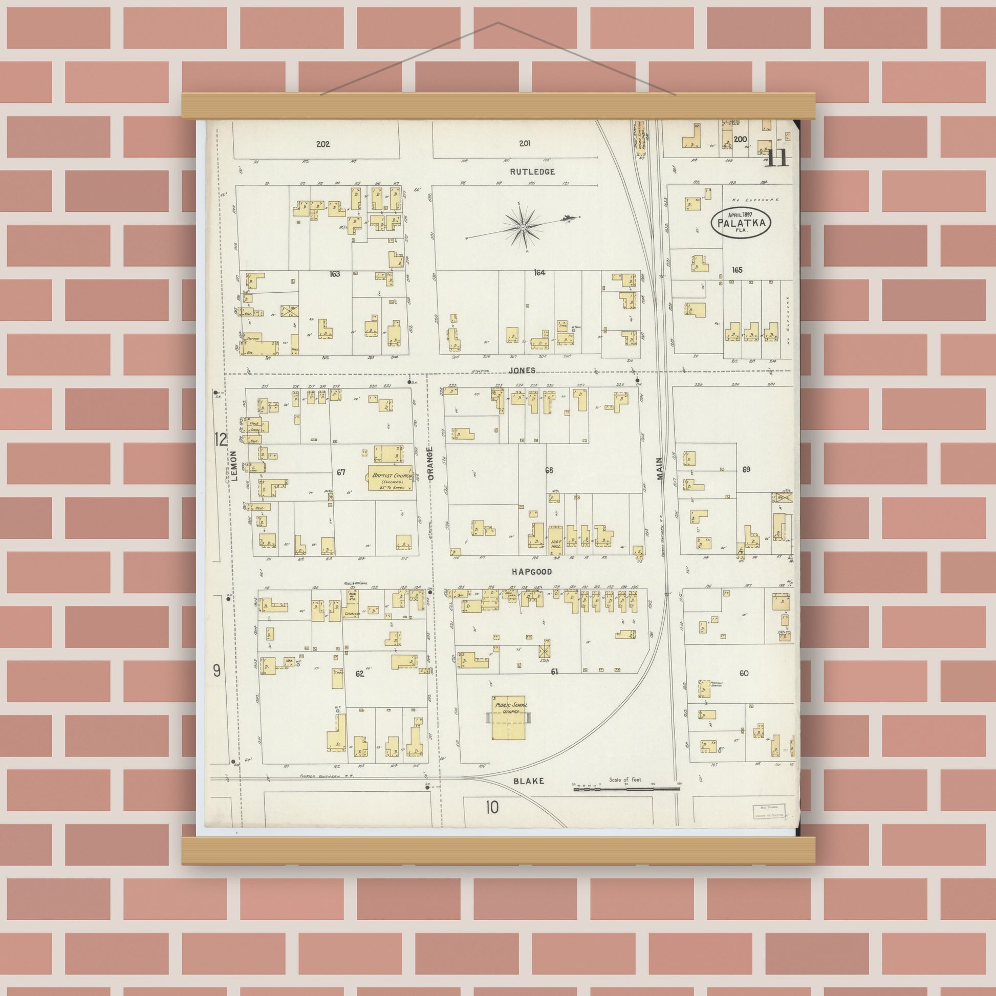 Old map wall art mockup — magnetic wood frame on brick wall — Sanborn Fire Insurance Map from Palatka, Putnam County, Florida (1897), Sheet #0011