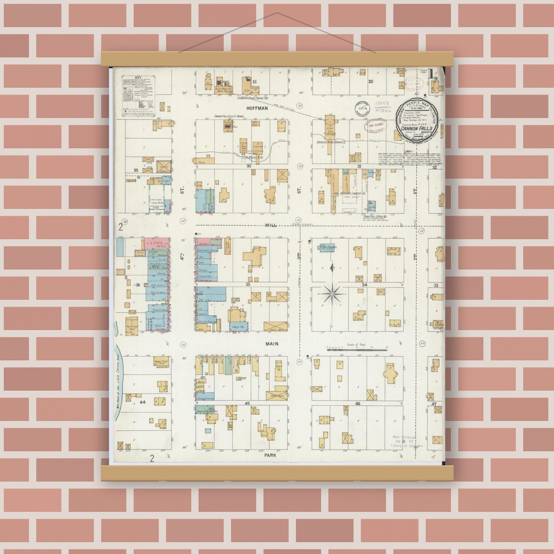Old map wall art mockup — magnetic wood frame on brick wall — Sanborn Fire Insurance Map from Cannon Falls, Goodhue County, Minnesota (1899), Sheet #0001