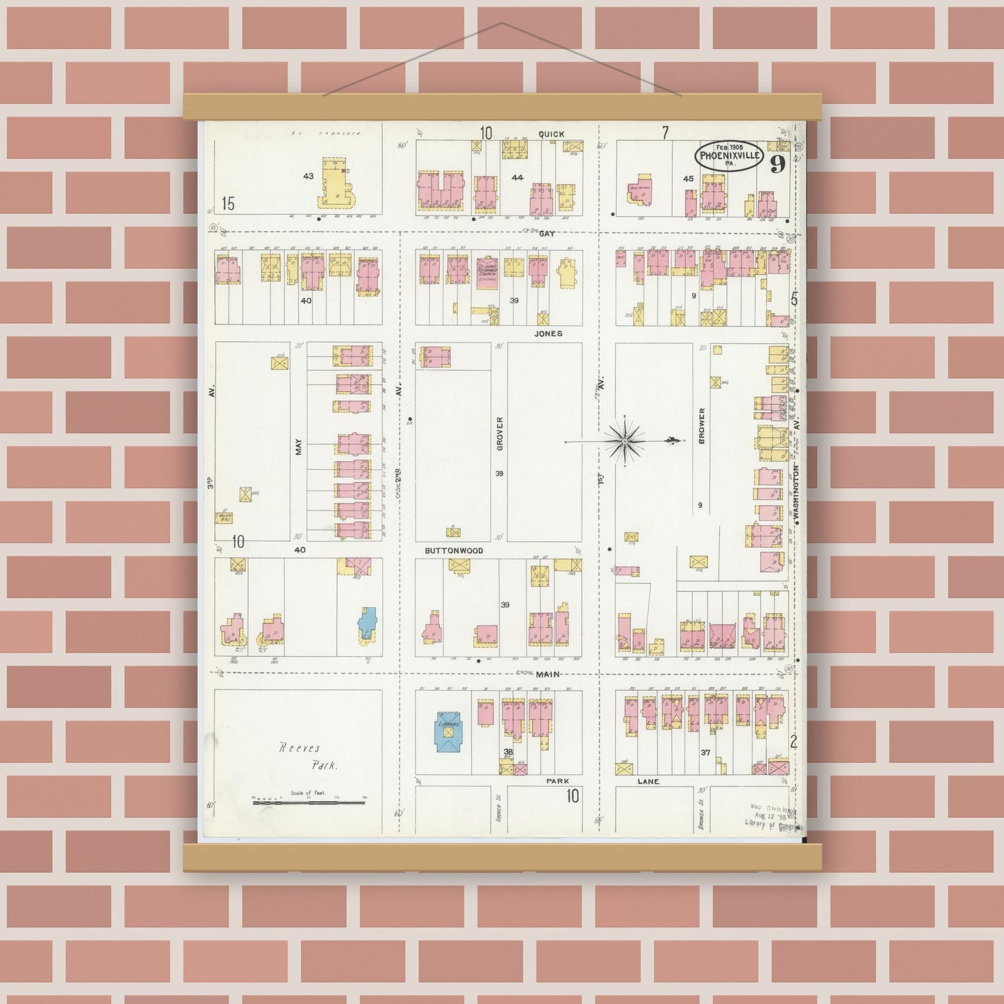 Old map wall art mockup — magnetic wood frame on brick wall — Sanborn Fire Insurance Map from Phoenixville, Chester County, Pennsylvania (1906), Sheet #0009