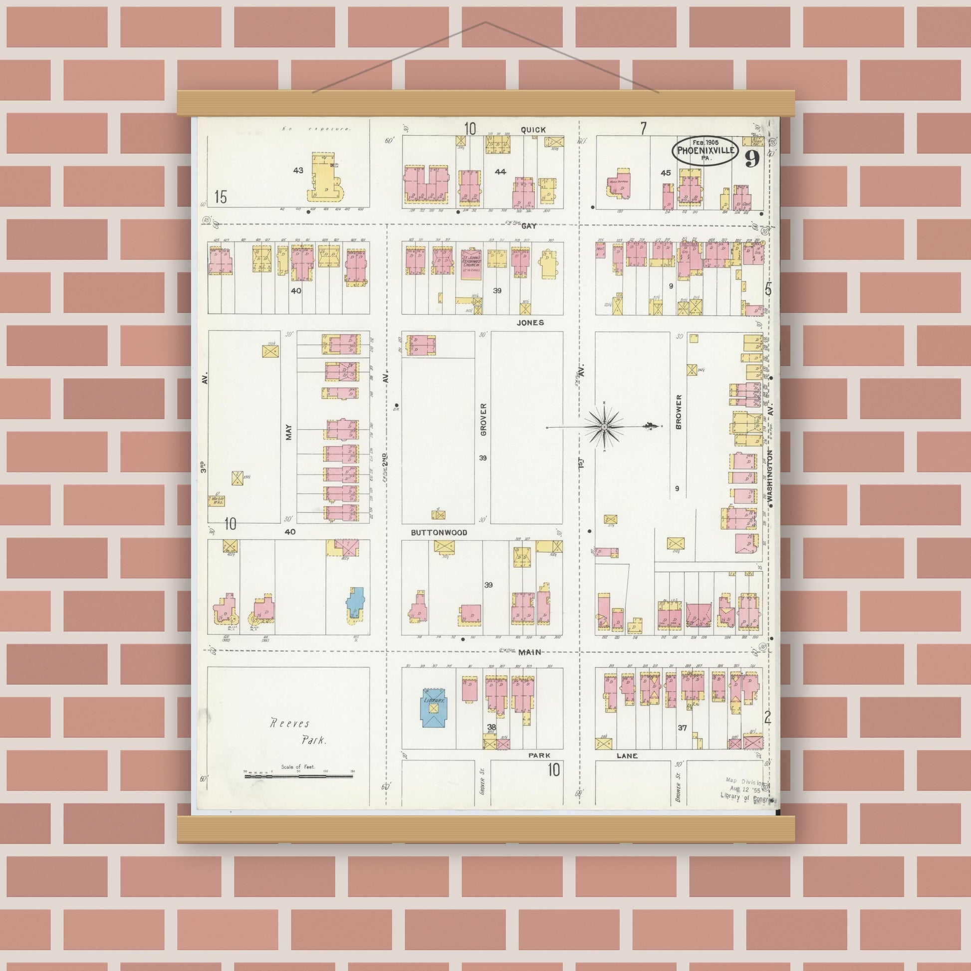 Old map wall art mockup — magnetic wood frame on brick wall — Sanborn Fire Insurance Map from Phoenixville, Chester County, Pennsylvania (1906), Sheet #0009