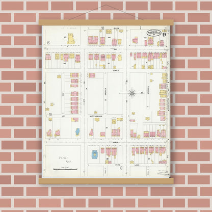 Old map wall art mockup — magnetic wood frame on brick wall — Sanborn Fire Insurance Map from Phoenixville, Chester County, Pennsylvania (1906), Sheet #0009