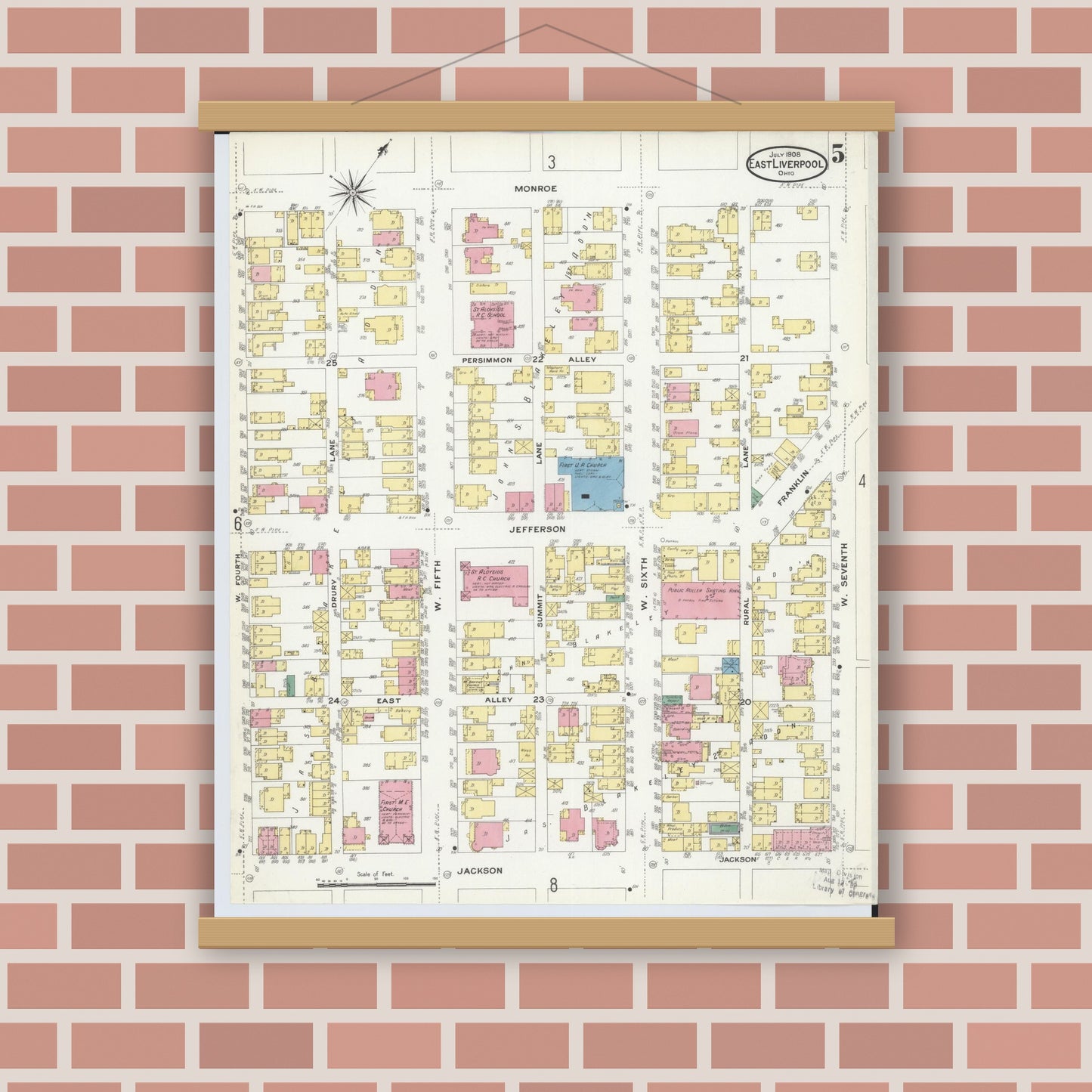 Old map wall art mockup — magnetic wood frame on brick wall — Sanborn Fire Insurance Map from East Liverpool, Columbiana County, Ohio (1908), Sheet #0005