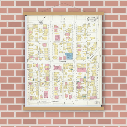 Old map wall art mockup — magnetic wood frame on brick wall — Sanborn Fire Insurance Map from East Liverpool, Columbiana County, Ohio (1908), Sheet #0005