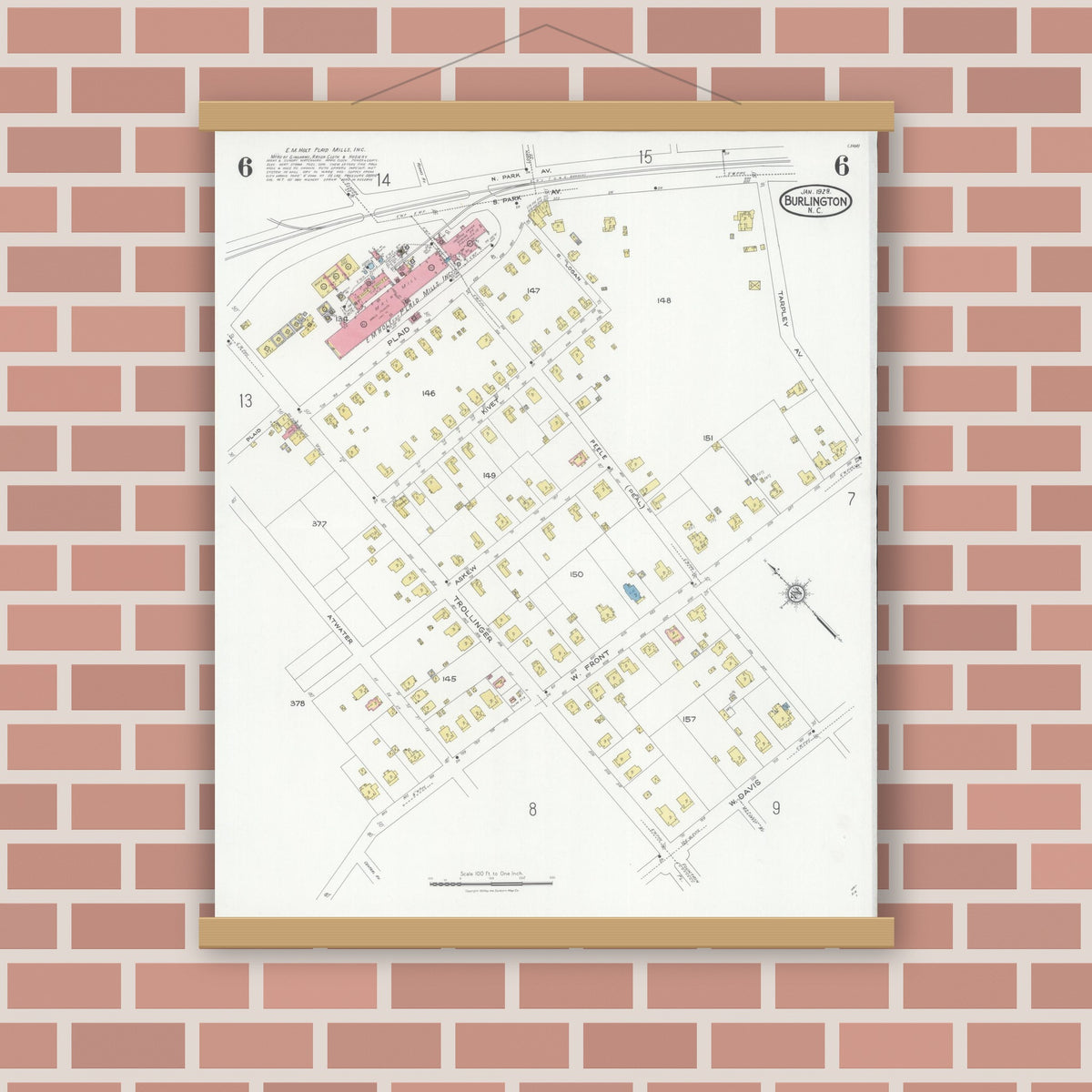 Old map wall art mockup — magnetic wood frame on brick wall — Sanborn Fire Insurance Map from Burlington, Alamance County, North Carolina (1929), Sheet #0006