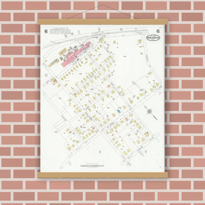Old map wall art mockup — magnetic wood frame on brick wall — Sanborn Fire Insurance Map from Burlington, Alamance County, North Carolina (1929), Sheet #0006