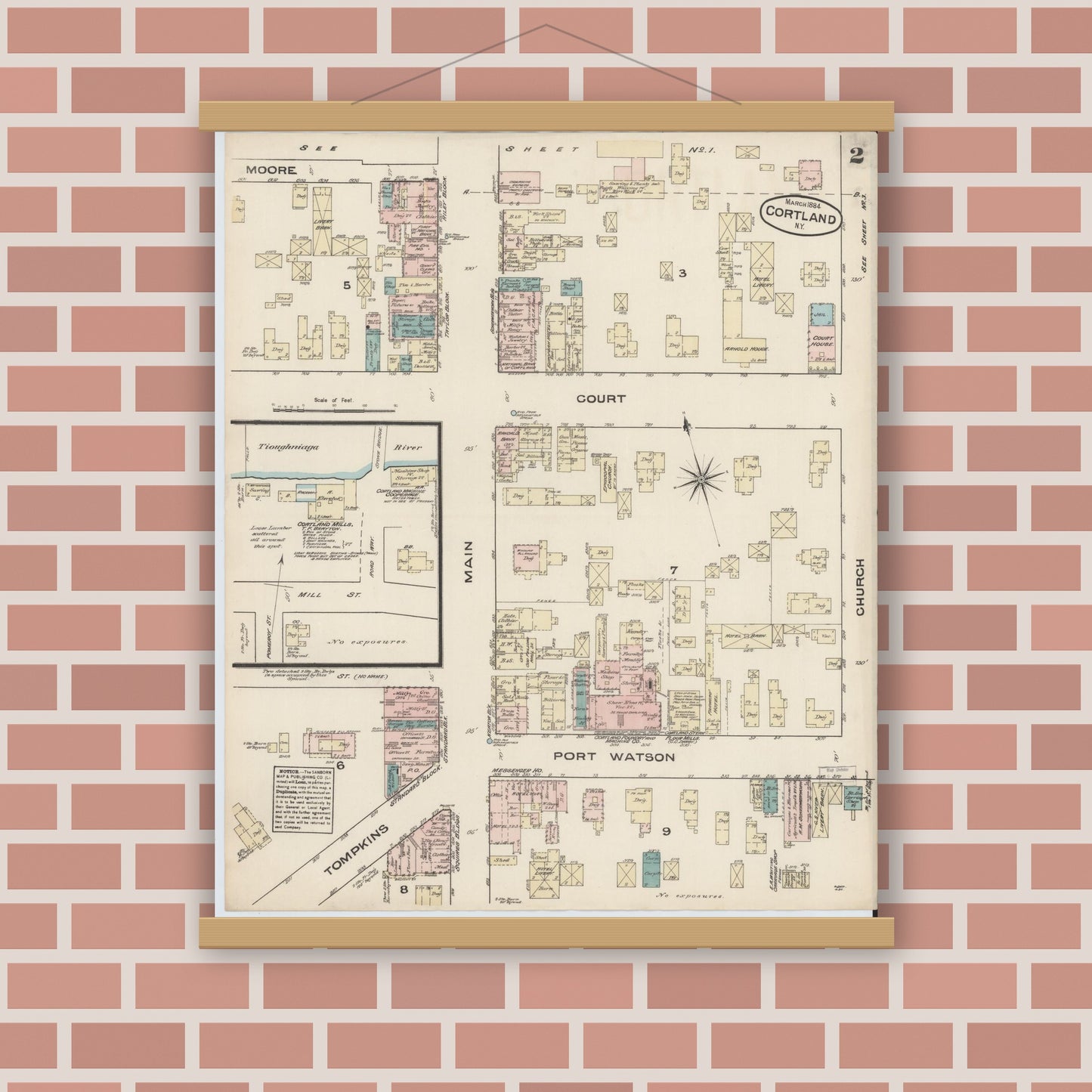 Old map wall art mockup — magnetic wood frame on brick wall — Sanborn Fire Insurance Map from Cortland, Cortland County, New York (1884), Sheet #0002