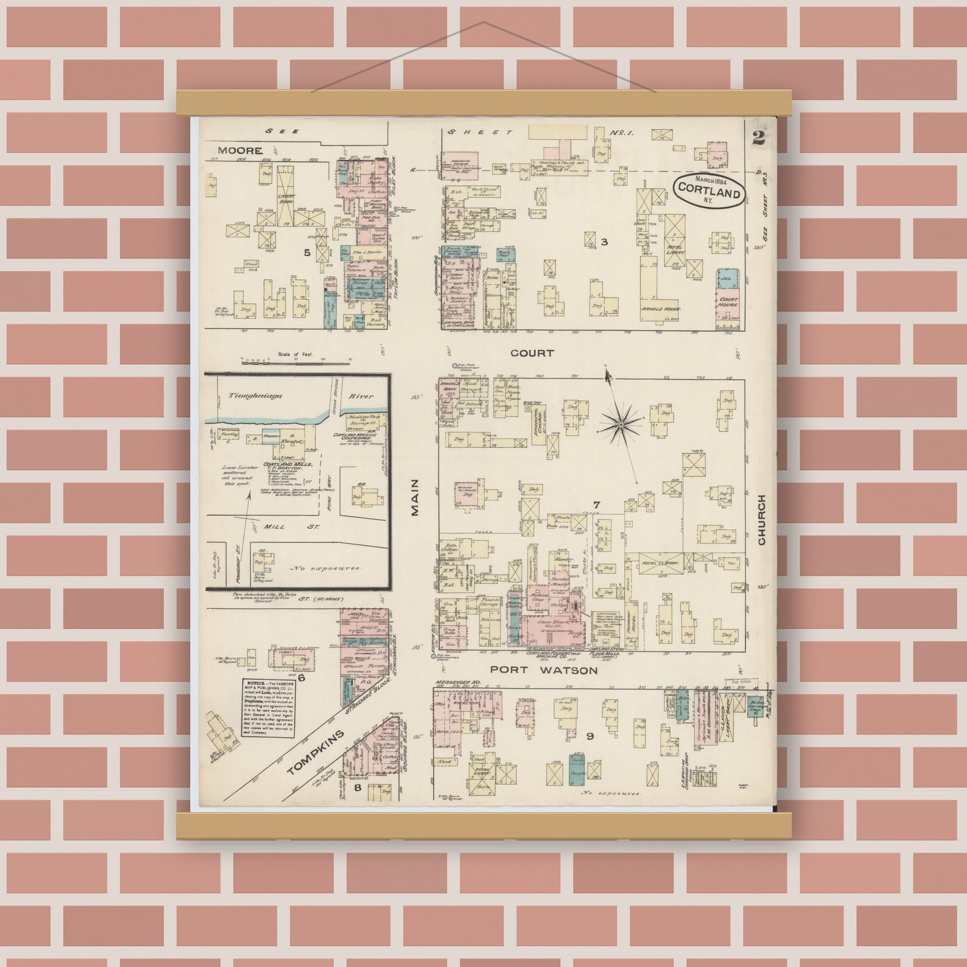 Old map wall art mockup — magnetic wood frame on brick wall — Sanborn Fire Insurance Map from Cortland, Cortland County, New York (1884), Sheet #0002