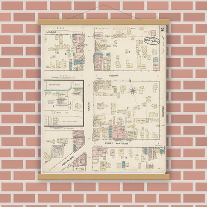Old map wall art mockup — magnetic wood frame on brick wall — Sanborn Fire Insurance Map from Cortland, Cortland County, New York (1884), Sheet #0002