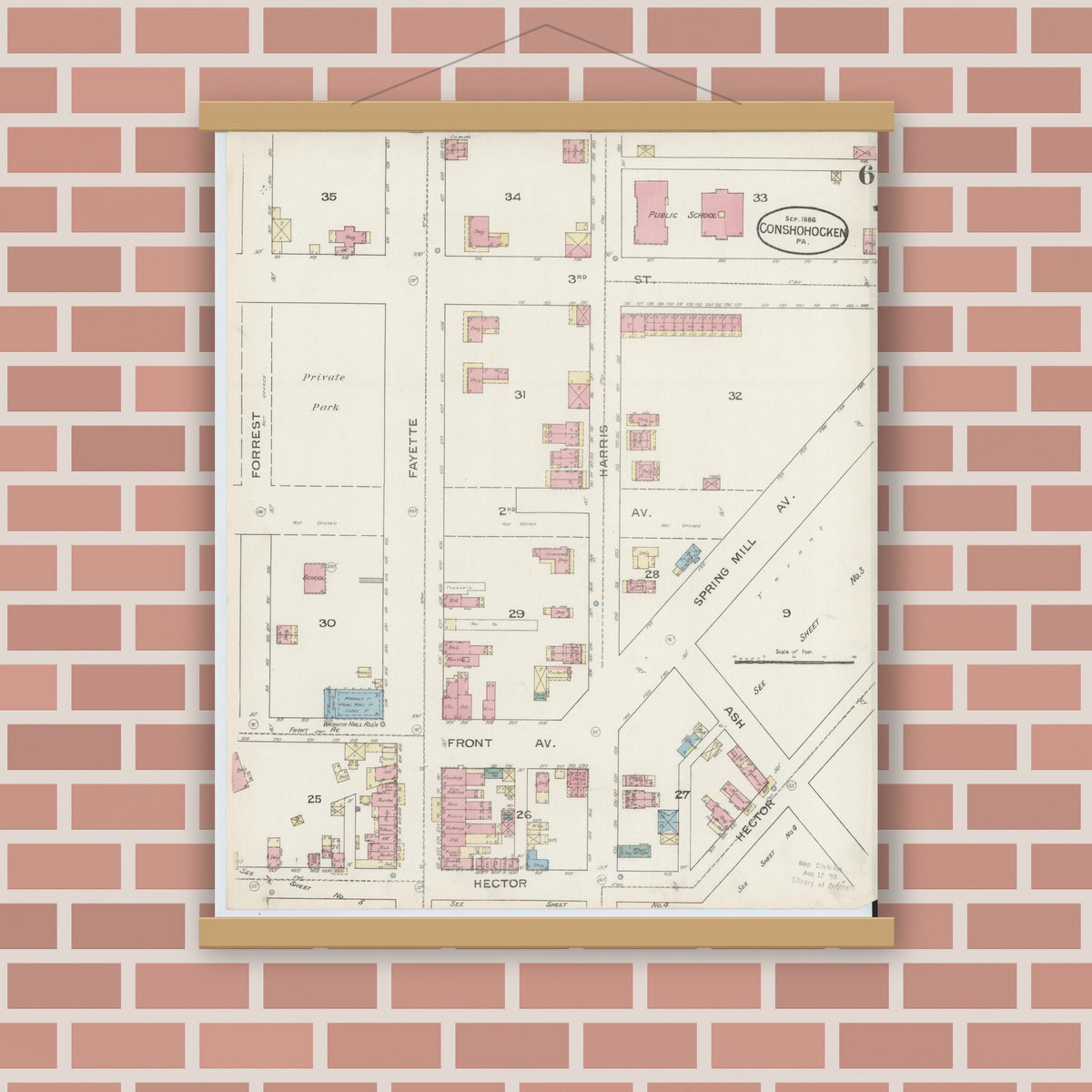 Old map wall art mockup — magnetic wood frame on brick wall — Sanborn Fire Insurance Map from Conshohocken, Montgomery County, Pennsylvania (1886), Sheet #0006