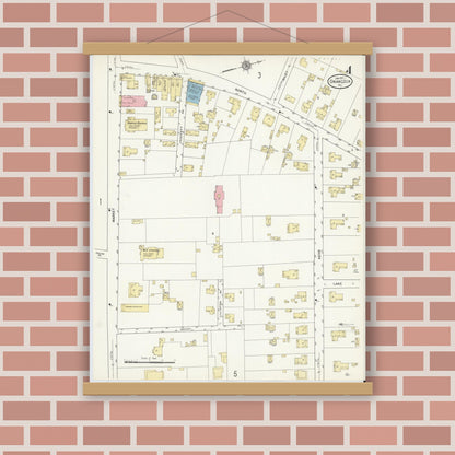 Old map wall art mockup — magnetic wood frame on brick wall — Sanborn Fire Insurance Map from Onancock, Accomack County, Virginia (1912), Sheet #0004