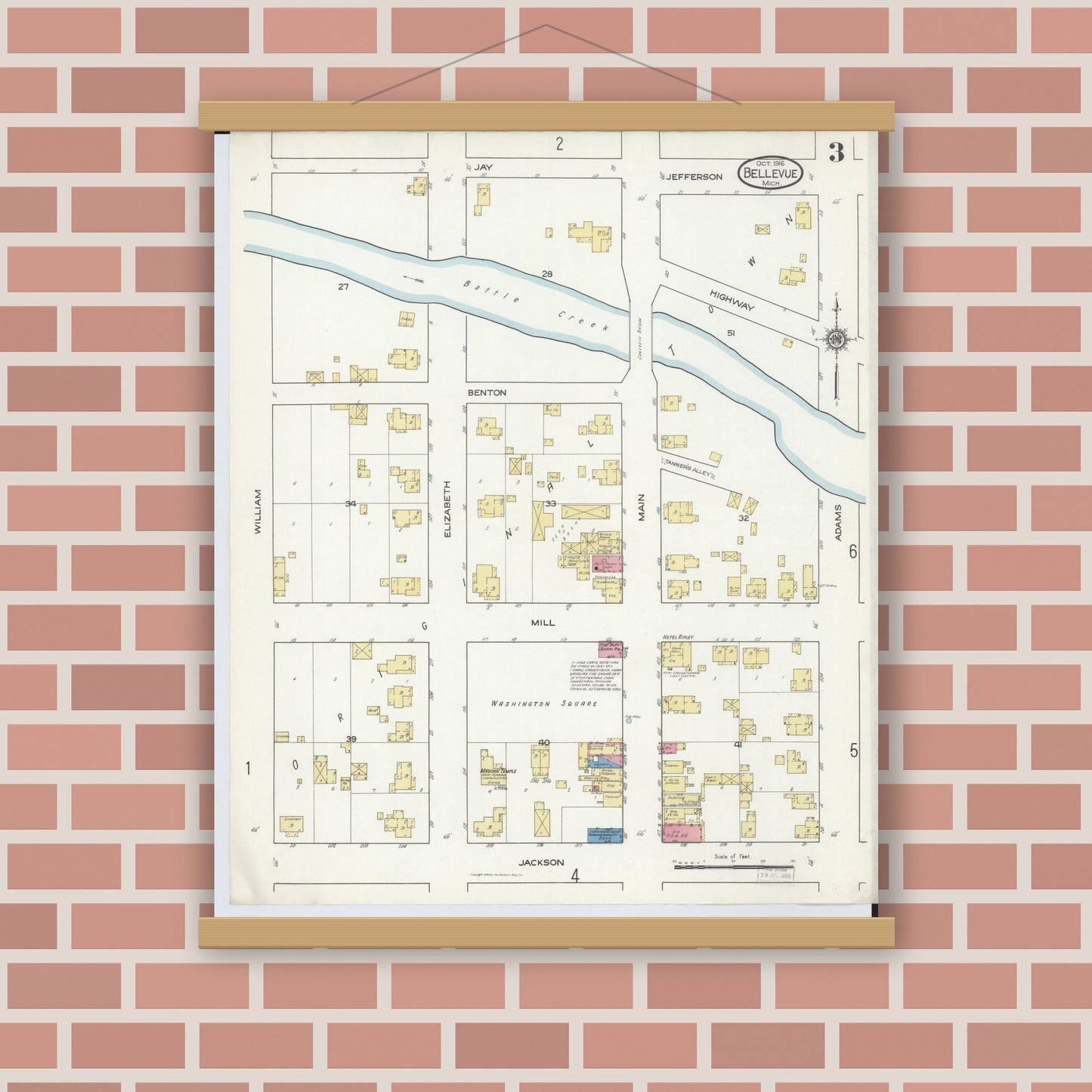 Old map wall art mockup — magnetic wood frame on brick wall — Sanborn Fire Insurance Map from Bellevue, Eaton County, Michigan (1916), Sheet #0003