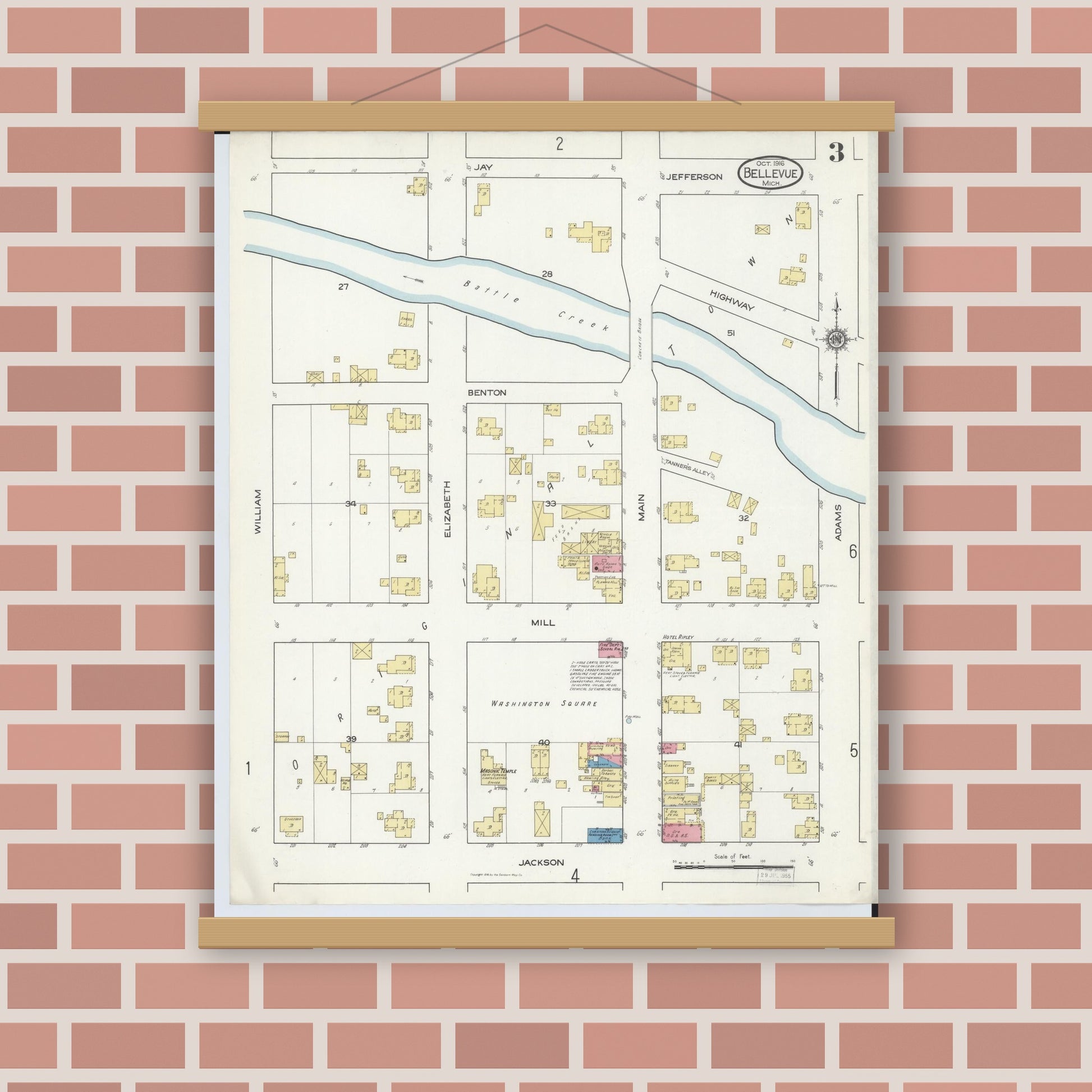 Old map wall art mockup — magnetic wood frame on brick wall — Sanborn Fire Insurance Map from Bellevue, Eaton County, Michigan (1916), Sheet #0003